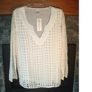 NWT Cute Options Anthropologie White Lace Blouse Tunic Top Size L 100% Cotton